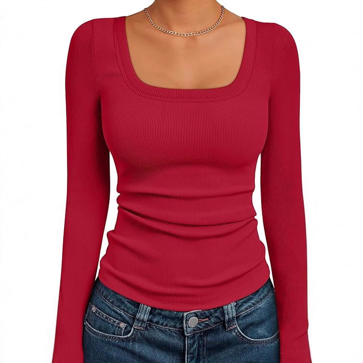 Damen Figurnahes Ripp-Langarmshirt mit weitem Carré-Ausschnitt und Stretch-Baumwollmix – Avérine