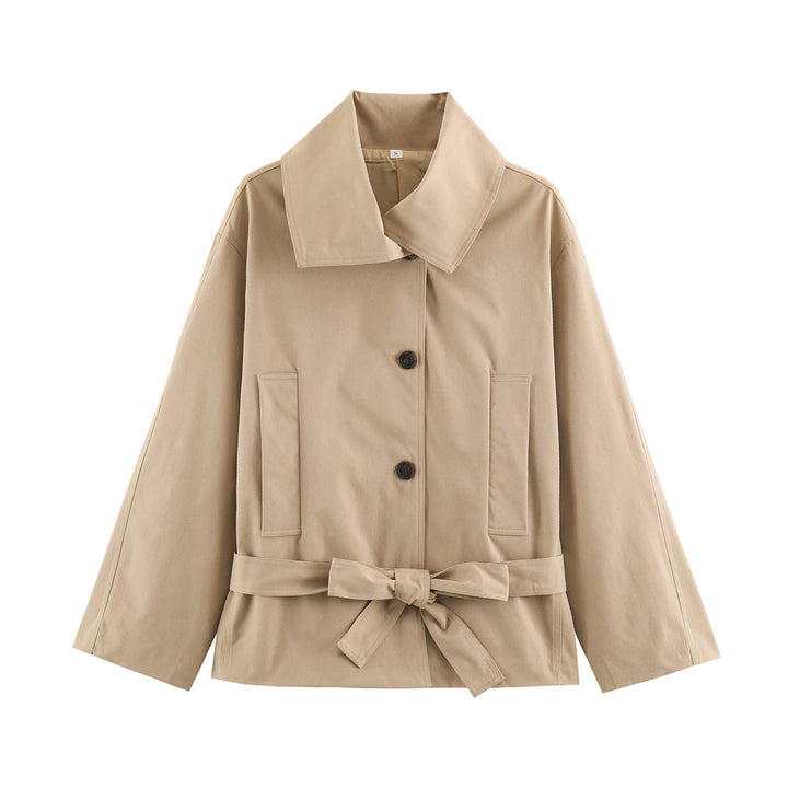 Damen Cropped Taillierte Übergangsjacke mit Bindegürtel und übergroßem Hemdkragen Echoarchiv