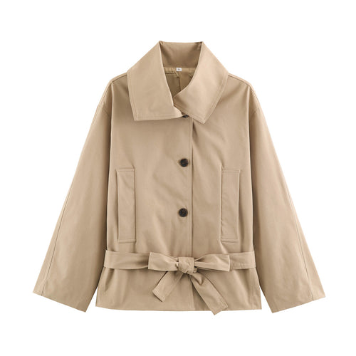 Damen Cropped Taillierte Übergangsjacke mit Bindegürtel und übergroßem Hemdkragen Echoarchiv