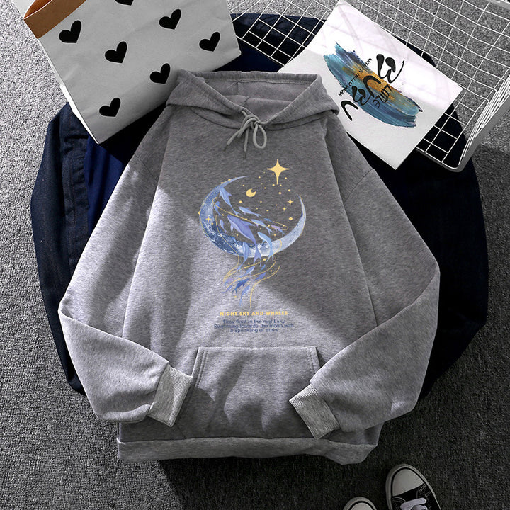 Damen Kapuzenpullover mit Mond‑und‑Wal-Illustration, Oversize-Schnitt und Kängurutasche – Auréline