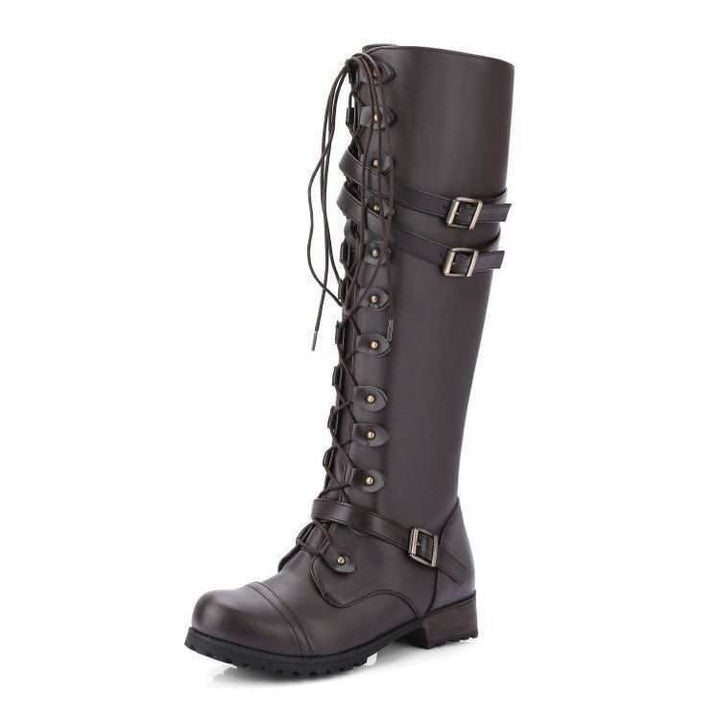 Damen nan kniehohe Schnürstiefel im Militär-Vintage Stil mit dekorativen Riemen und verstellbaren Schnallen Echo Archiv