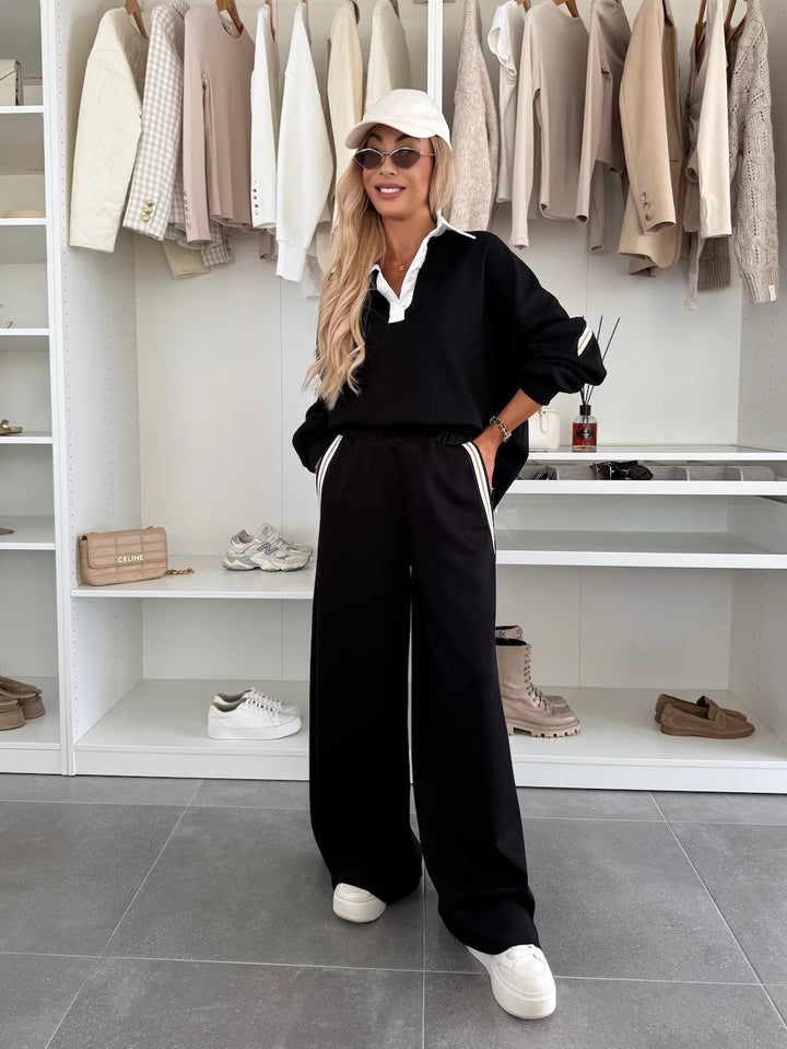 Damen modisches Relax-Set mit Polokragen, markanten Paspelstreifen und weitem Palazzo-Jogger – Élanora
