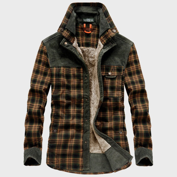 Herren Gefütterte Karo‑Hemdenjacke mit Teddyfleece‑Innenfutter und Cord‑Schulterbesatz – Taviero