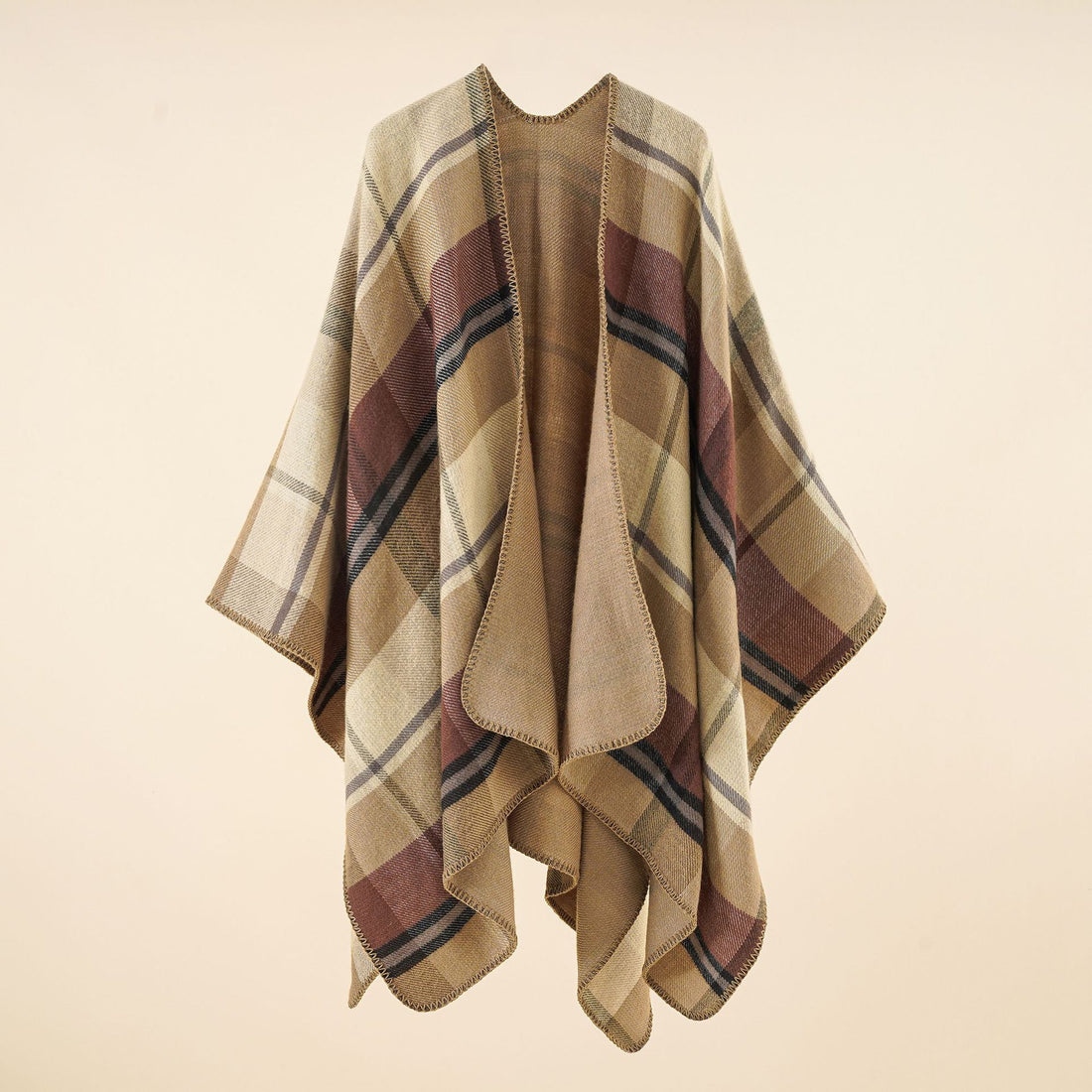 Damen Oversize-Rechteckponcho im Cape-Look mit Kettelsaum und Karomuster – Célinea