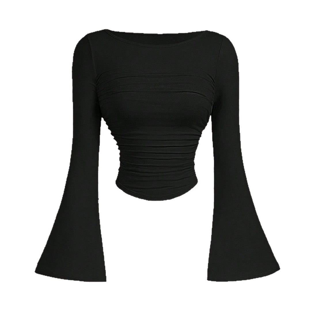 Damen Figurbetontes Langarmshirt mit Carmenausschnitt, gerafftem Rumpf und Trompetenärmeln – Avérine