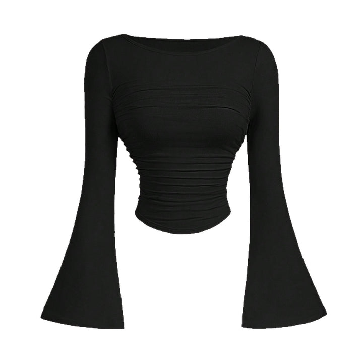 Damen Figurbetontes Langarmshirt mit Carmenausschnitt, gerafftem Rumpf und Trompetenärmeln – Avérine