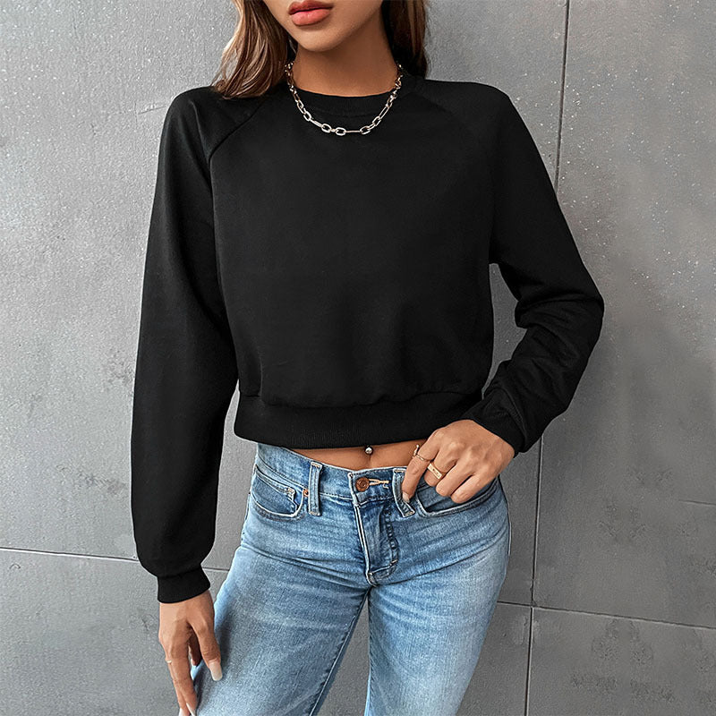 Damen Kurzes minimalistisches Sweatshirt mit Raglanärmeln und geripptem Saum Echoarchiv