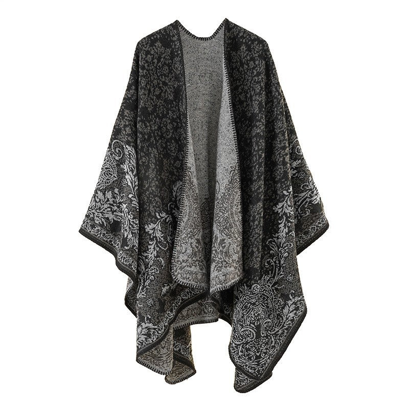 Damen Jacquard‑Ruana mit floraler Bordüre und offenem Oversize‑Schnitt – Avérine