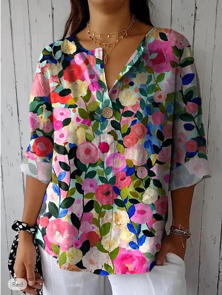 Damen Lose Blumenmuster Leinenlook Bluse Tunika mit V-Ausschnitt und Dreiviertelärmeln – Élovi