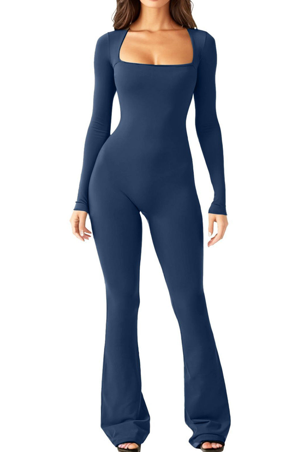 Damen nan figurbetonter Langarm-Jumpsuit mit quadratischem Ausschnitt und ausgestellter Schlaghose Echo Archiv