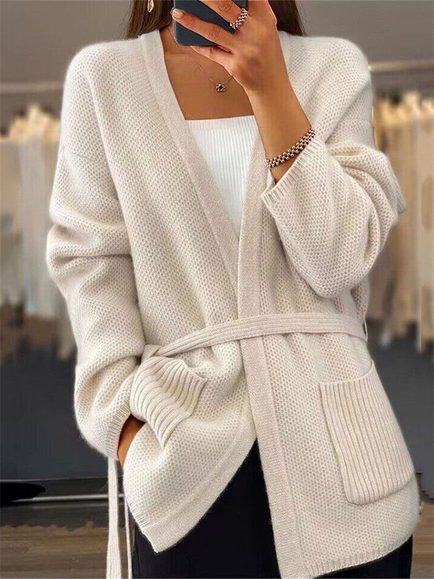 Damen nan lange Strickjacke mit Bindegürtel, aufgesetzten Rippentaschen und lockerem Waffelstrick Echo Archiv