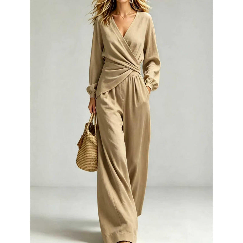 Damen Wickel-Jumpsuit mit weitem Bein und V-Ausschnitt Echoarchiv