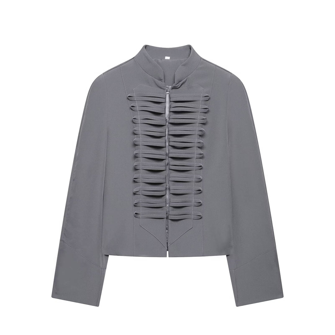 Damen Kurzbluse-Jacke mit gefalteter Rüschenpasse und Stehkragen Echo Archiv