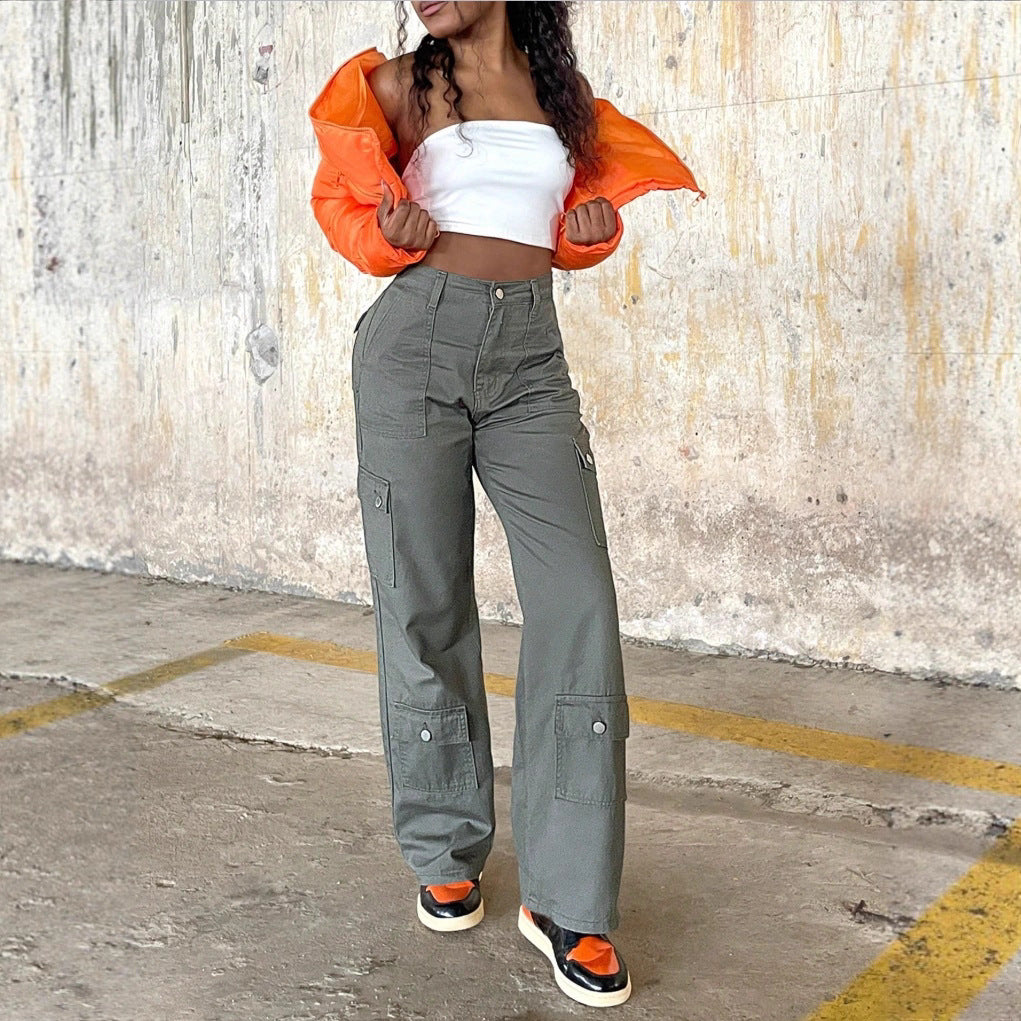 Damen Cargo-Hose mit hoher Taille, weitem Bein und aufgesetzten Pattentaschen Echo Archiv
