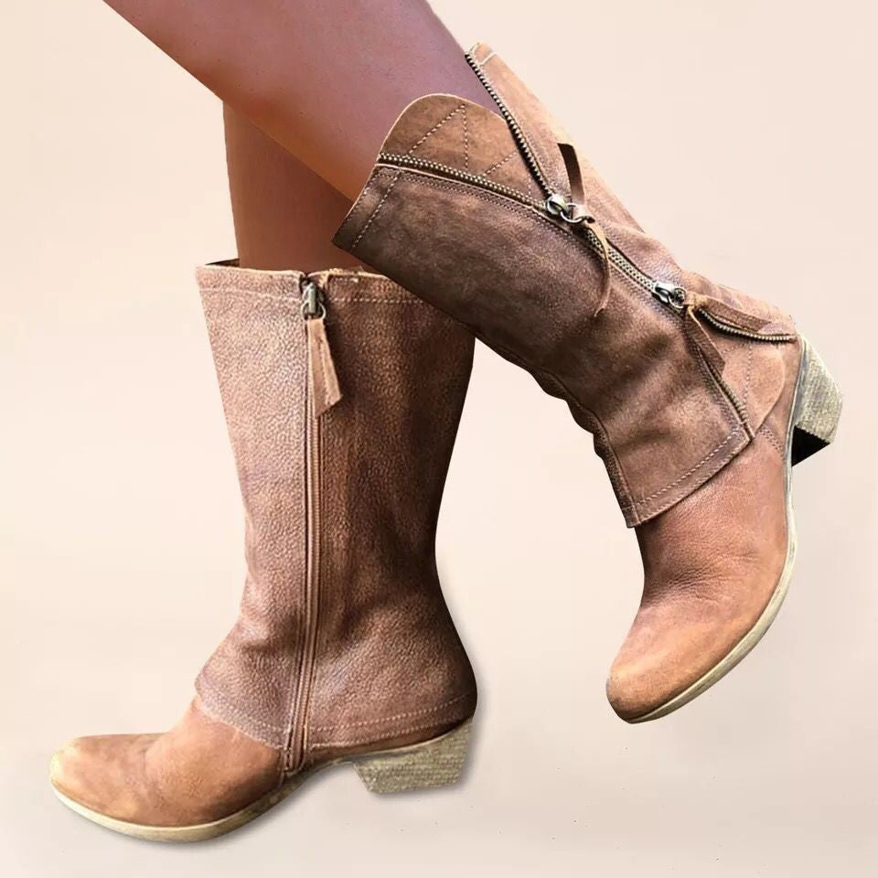 Damen Knöchel- bis wadenhohe Reißverschluss-Stiefel mit dekorativem Metallreißverschluss und niedrigem Blockabsatz Echo Archiv