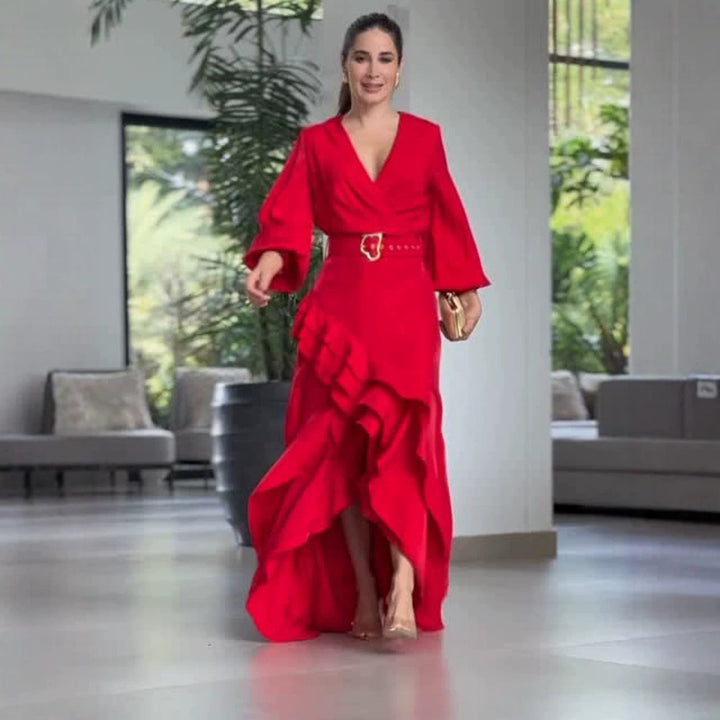 Damen Elegantes Wickel-Maxikleid mit Volants, tailliertem Gürtel & weitem Glockenärmel Echoarchiv