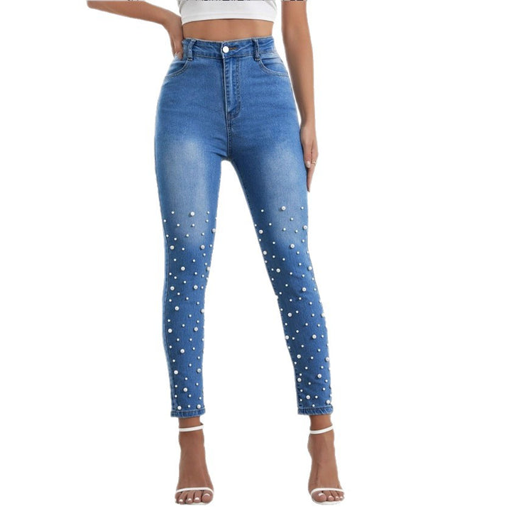 Damen hochgeschnittene Skinny-Jeans mit Perlenapplikation Echo Archiv