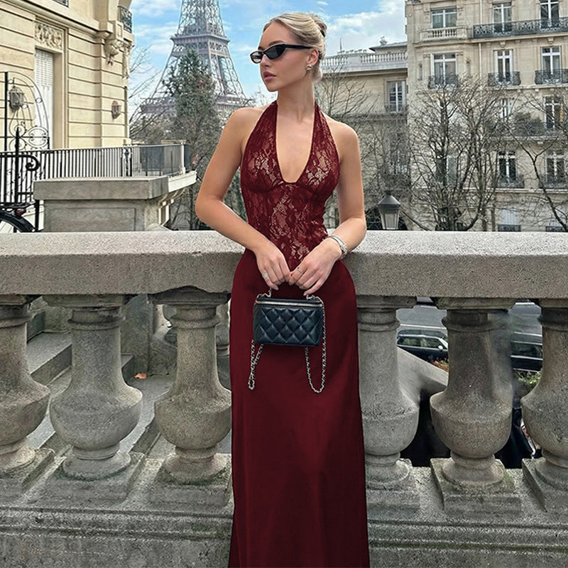 Damen Elegantes Maxikleid mit tiefem V-Ausschnitt und Spitzeneinsatz Echo Archiv