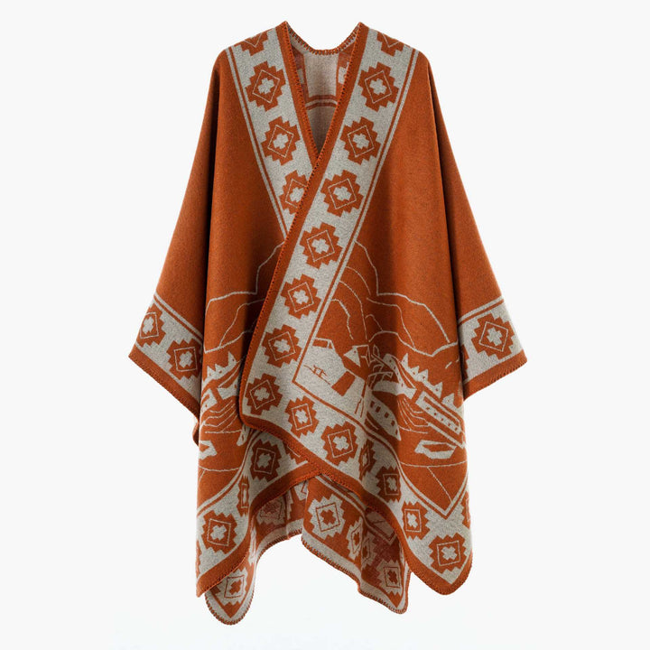 Damen Jacquard‑Strickponcho mit offenem Fall und Bordüren‑Detail Echo Archiv