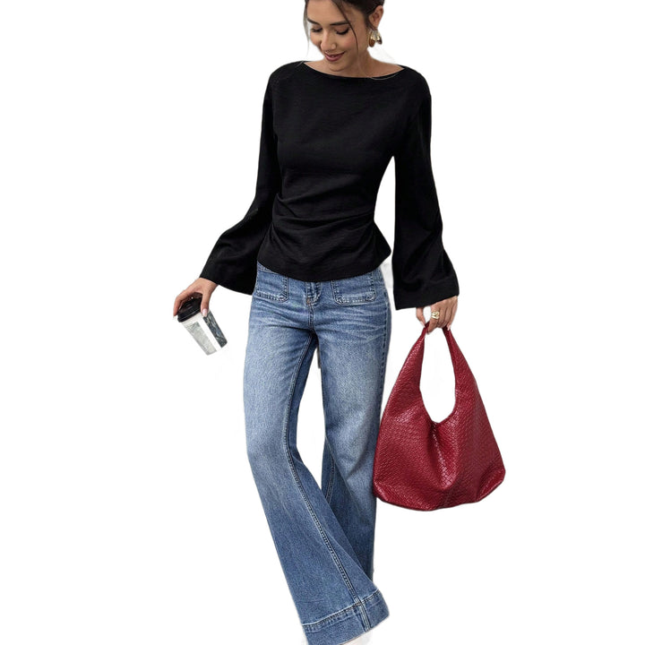 Damen Bootneck-Langarmshirt mit weitem Manschettenärmel und figurbetonter Seitennaht – Avérine