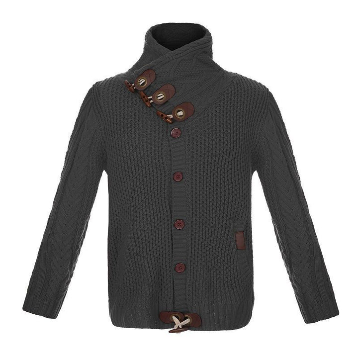 Herren gestrickter Cardigan mit hohem Kragen und modernen Holzknebel Echoarchiv