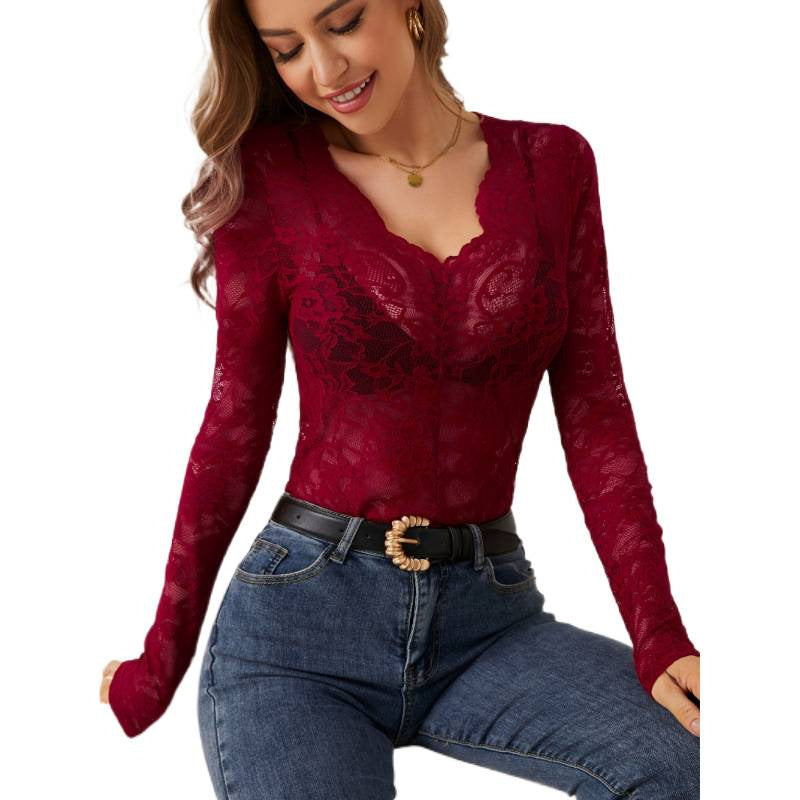 Damen Spitzen-Bodysuit mit tiefem V-Ausschnitt und transparenten Ärmeln Echo Archiv