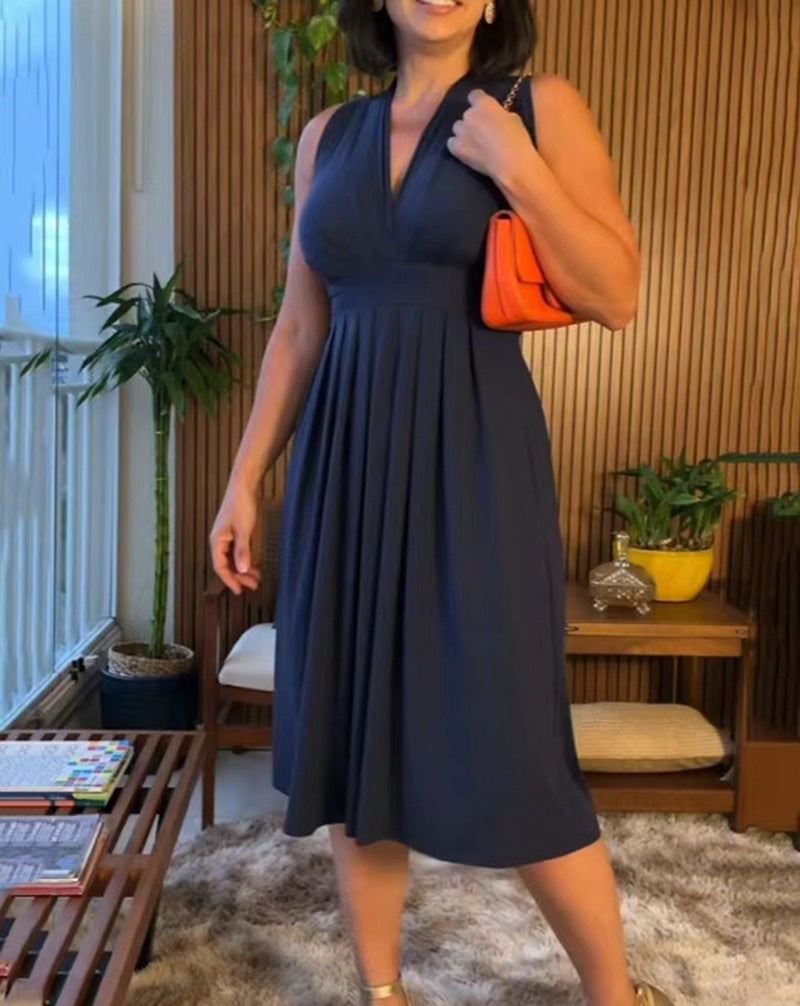 Damen nan ärmelloses V-Ausschnitt-Midikleid mit Unterbrustnaht und schmeichelndem Faltenrock Echo Archiv