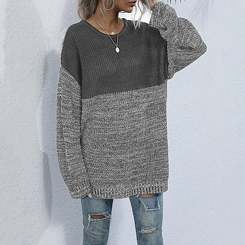 Damen Oversize Strickpullover mit Colorblock-Optik, rundem Ausschnitt und melierter Strukturstrick Echoarchiv