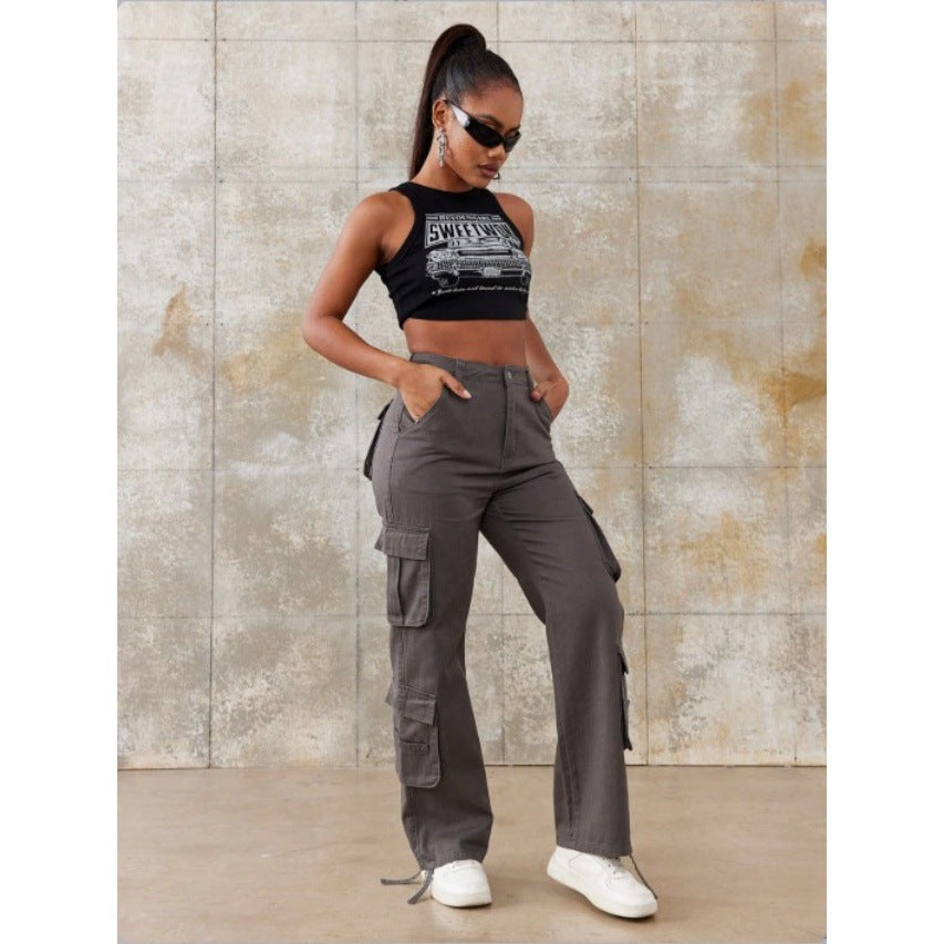 Damen Hochtaillierte Utility-Cargo-Hose mit geradem Bein, Mehrfach-Pattentaschen & verstellbarem Saum Echo Archiv