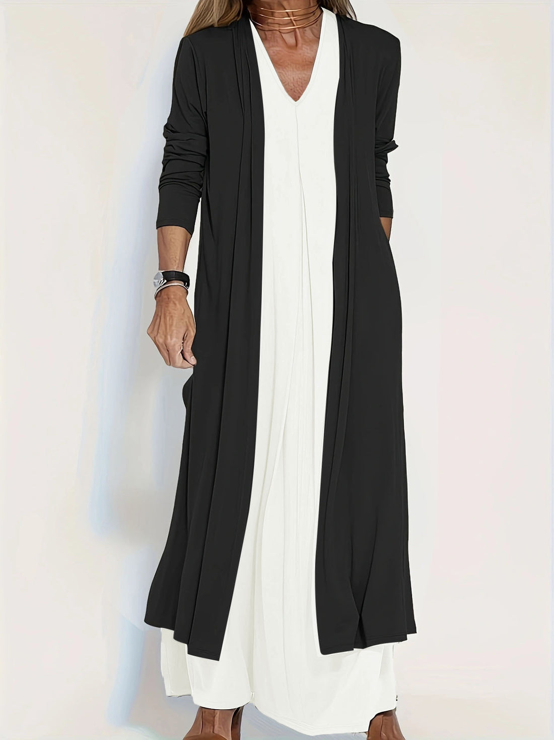 Damen Langer Offener Jersey-Cardigan mit Eingrifftaschen und fließender Drapierung – Veloura