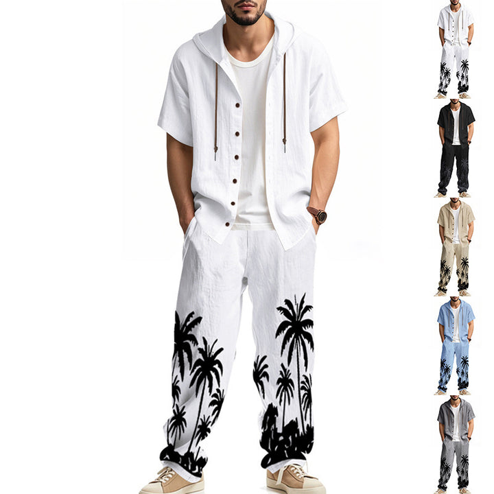 Herren lässiges Sommer-Outfit mit Kapuze und aufgedrucktem Palmenmuster Echoarchiv