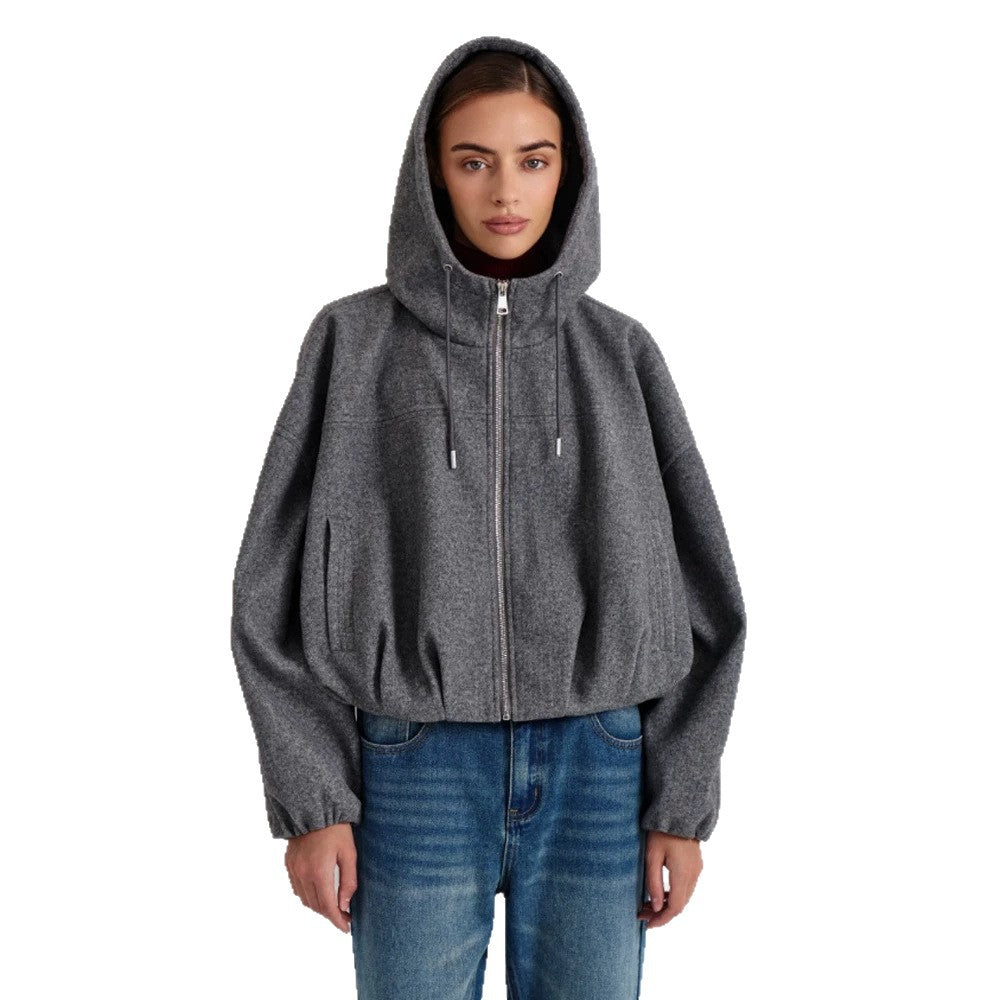 Damen Kurzjacke aus Wollmix mit Kapuze, kastiger Boxy‑Silhouette & gerafftem Saum Echoarchiv