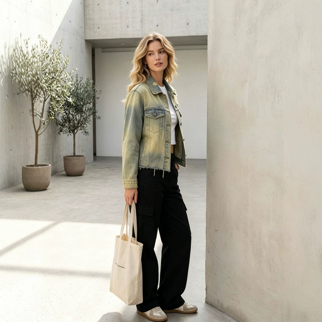 Damen nan kurze Denimjacke im Destroyed-Look mit Brusttaschen und rohem Saum Echo Archiv