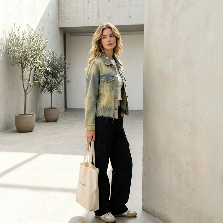 Damen nan kurze Denimjacke im Destroyed-Look mit Brusttaschen und rohem Saum Echo Archiv