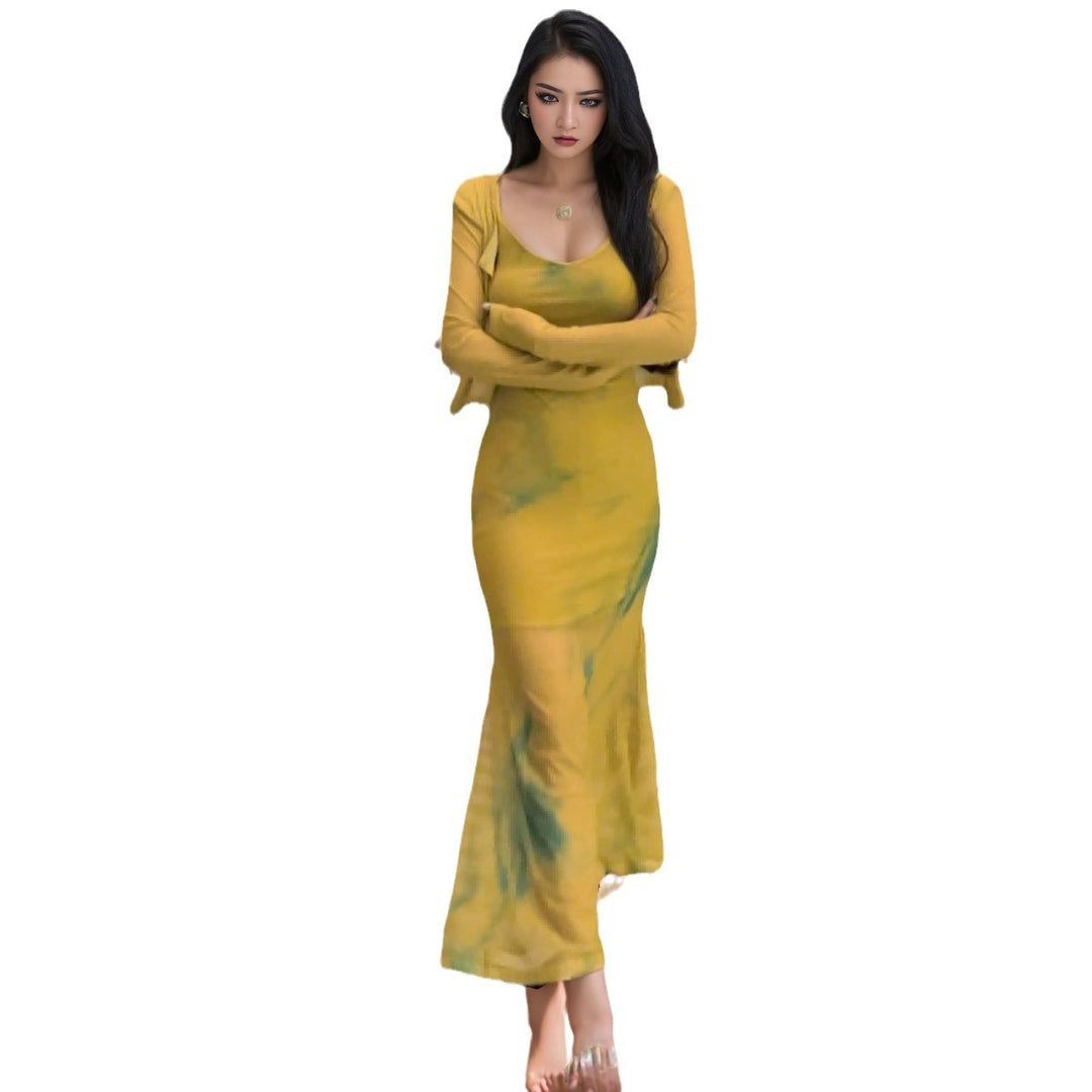 Damen Zweiteiliges Maxikleid-Set mit tailliertem Slipkleid und kurzem Langarm-Cardigan – Valéora