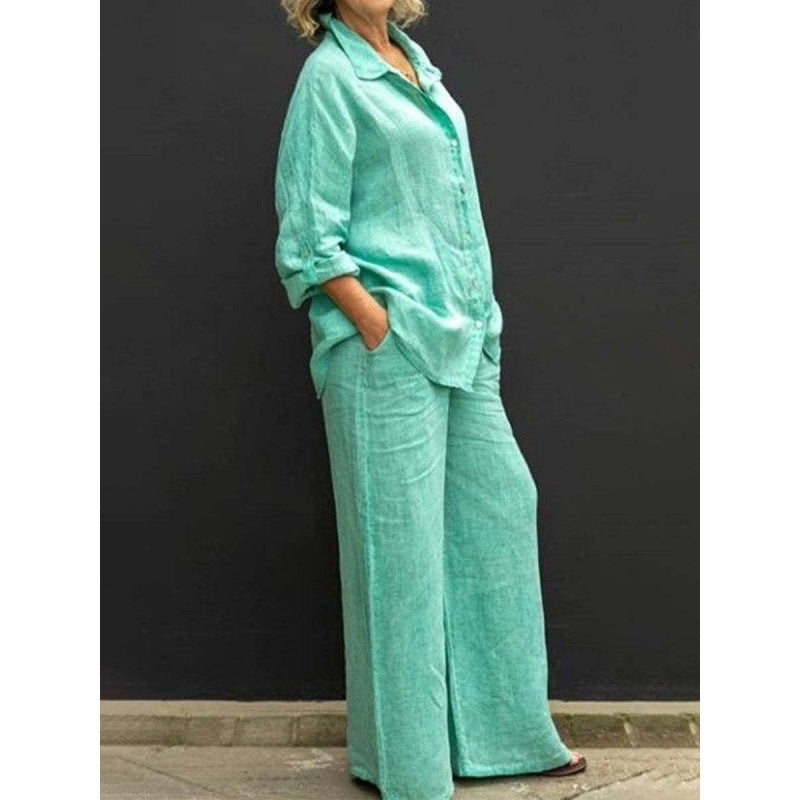 Damen Relaxed-Buttondown-Hemd und High-Waist-Palazzo im Leinenoptik Echo Archiv