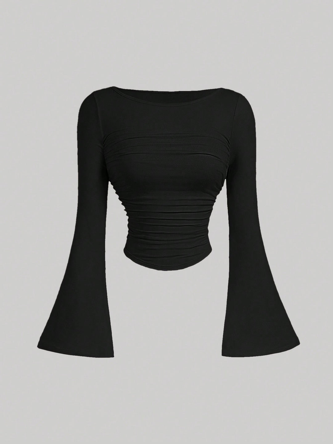Damen Figurbetontes Langarmshirt mit Carmenausschnitt, gerafftem Rumpf und Trompetenärmeln – Avérine