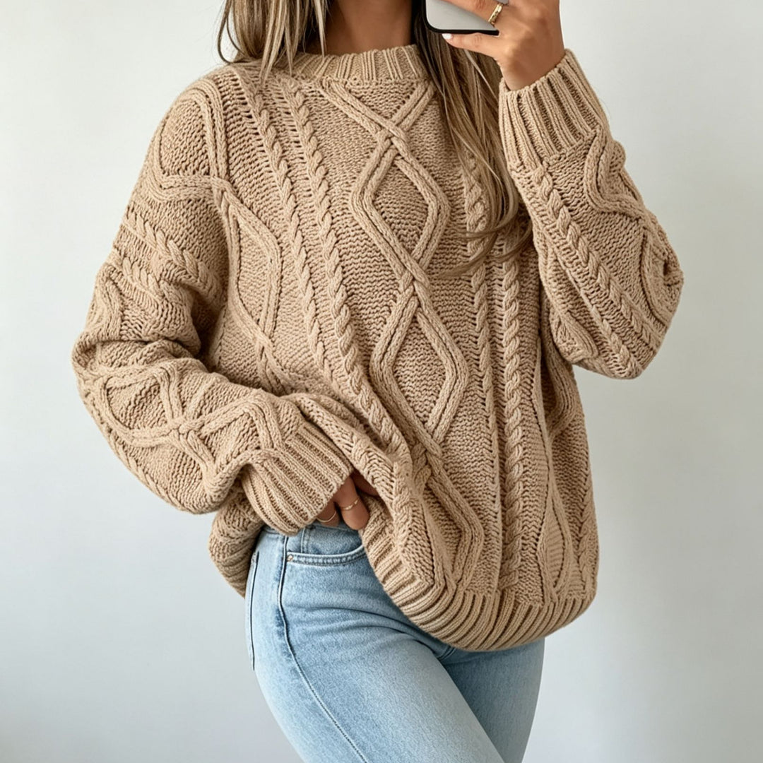 Damen Oversize Flechtstrick-Pullover mit Zopfmuster und Rundhals – Mavelle