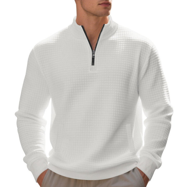 Herren Waffelstrick-Halbzip-Pullover mit Stehkragen, Kängurutasche & gerippten Abschlüssen – Cavarno