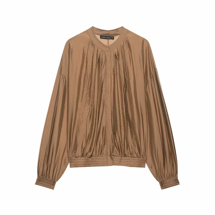 Damen Plissiertes Blouson-Top mit Rundhalsausschnitt, Ballonärmeln und gesmoktem Saum Echo Archiv
