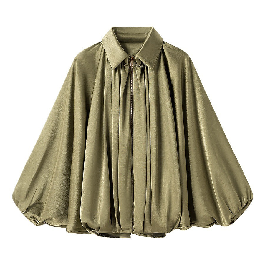 Damen Seidig-fließende Cape-Bluse mit Reißverschluss, Ballonärmeln und Hemdkragen Echo Archiv