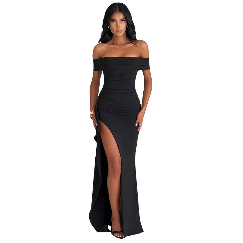 Damen elegantes schulterfreies Wickelkleid mit hohem Schlitz Echo Archiv