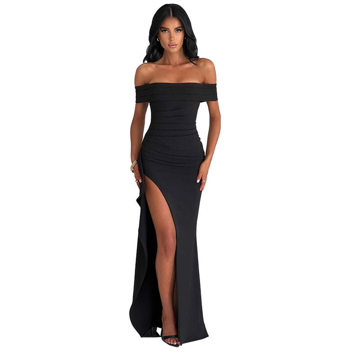 Damen elegantes schulterfreies Wickelkleid mit hohem Schlitz Echo Archiv