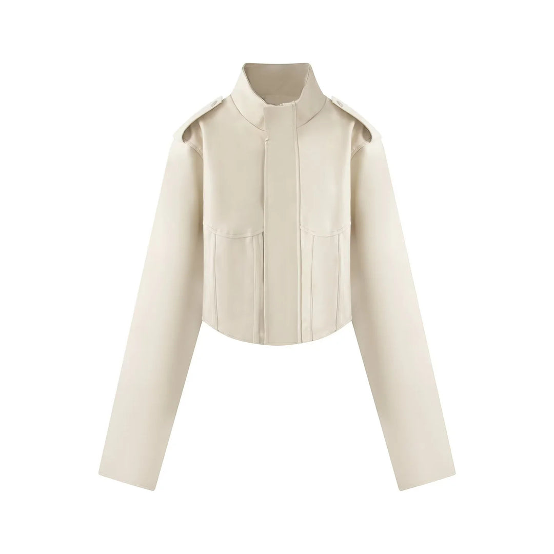 Damen kurzes Sculpted Korsettjacke mit Stehkragen, Epaulette‑Detail und verdeckter Druckknopfleiste – Célinea