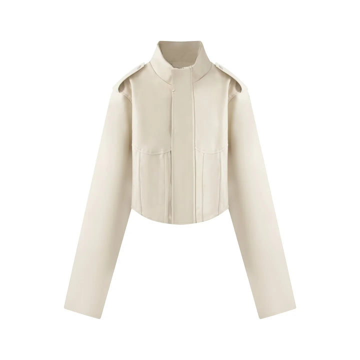 Damen kurzes Sculpted Korsettjacke mit Stehkragen, Epaulette‑Detail und verdeckter Druckknopfleiste – Célinea