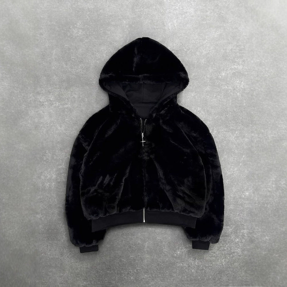 Unisex Kapuzen-Sweatjacke mit Kunstfellfutter, verkürztem Schnitt und Kreuz-Reißverschluss Echo Archiv