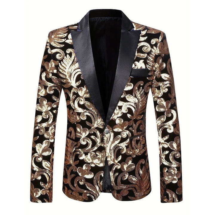 Herren Eleganter Pailletten-Blazer mit floralem Muster und satinierter Oberfläche Echoarchiv