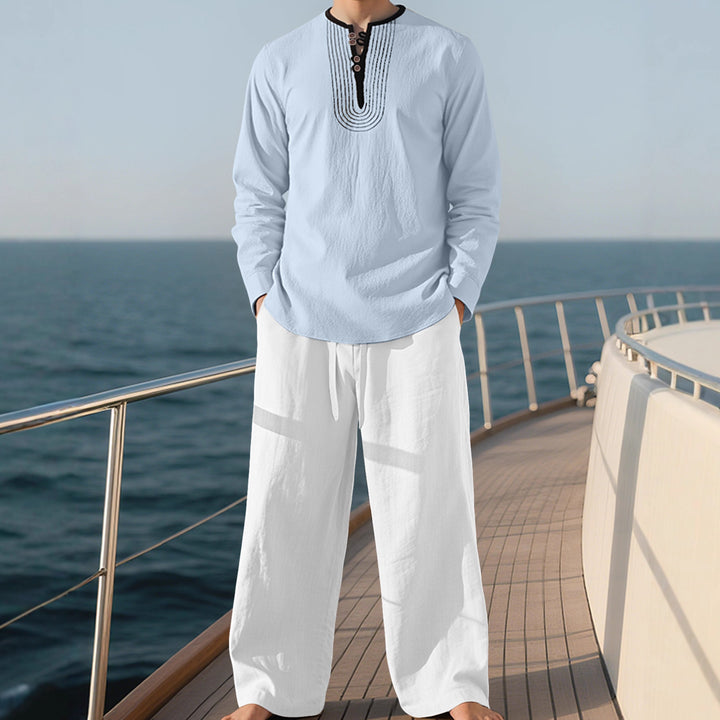Herren nan Tunika- und Palazzohose-Set mit Henley-Blende, Zierstickerei und weitem Schnitt Echo Archiv