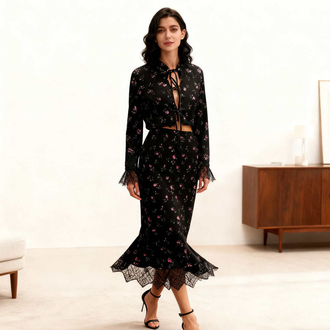 Damen Elegantes Maxikleid mit Spitzenbesatz und floralem Design Echo Archiv