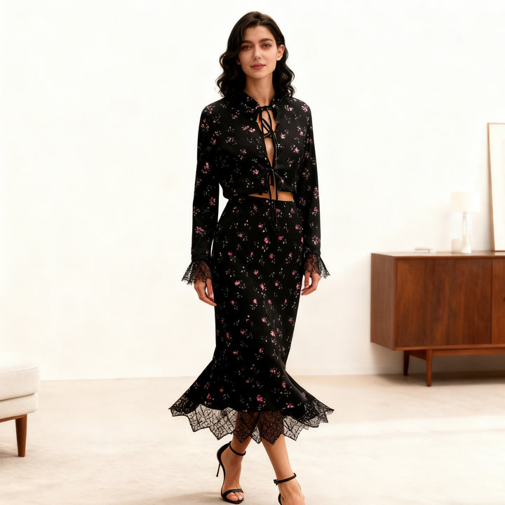 Damen Elegantes Maxikleid mit Spitzenbesatz und floralem Design Echo Archiv